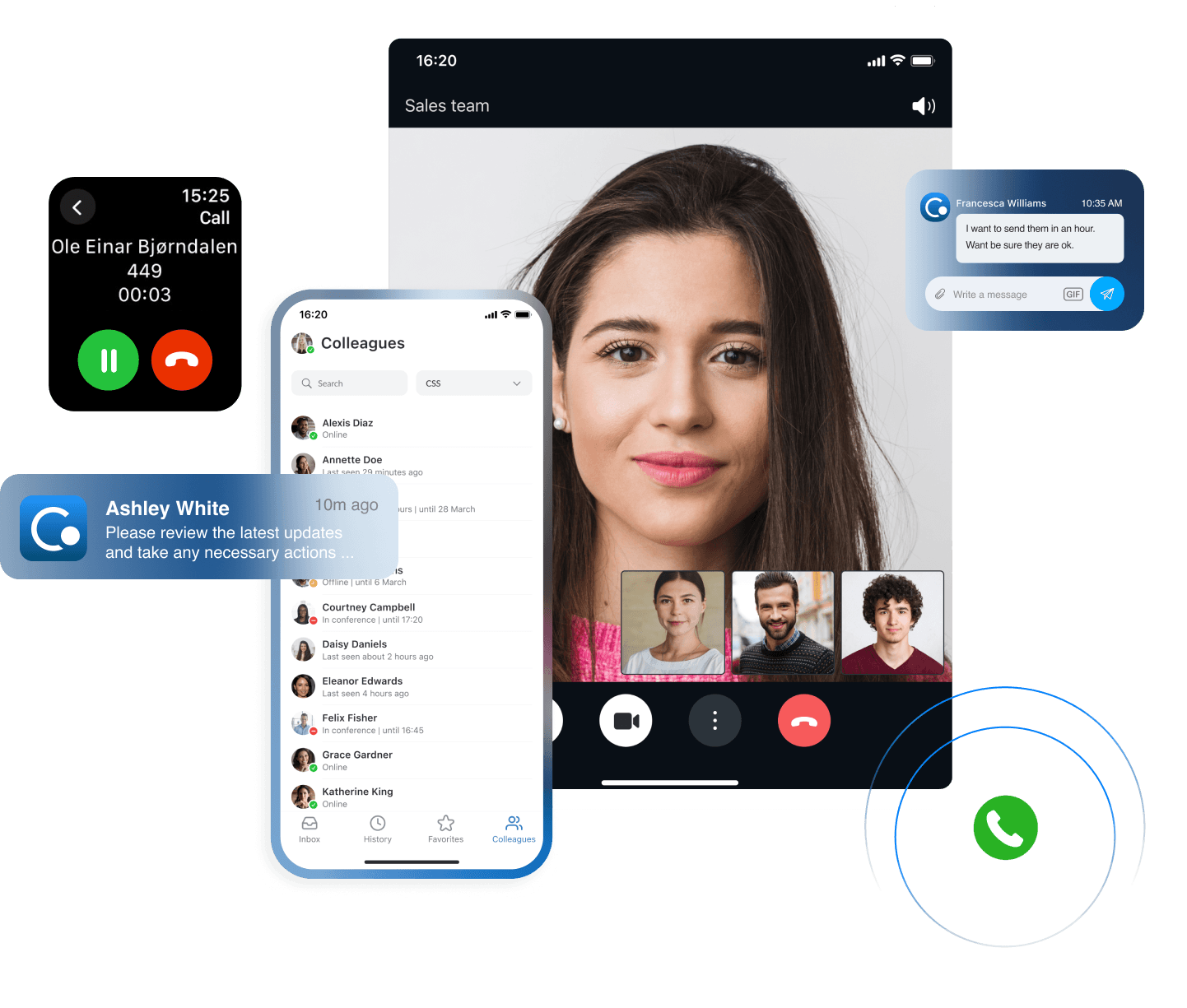 Wildix Collaboration auf Smartwatch, Smartphone und Tablet — Anruf, Videokonferenz und Chat