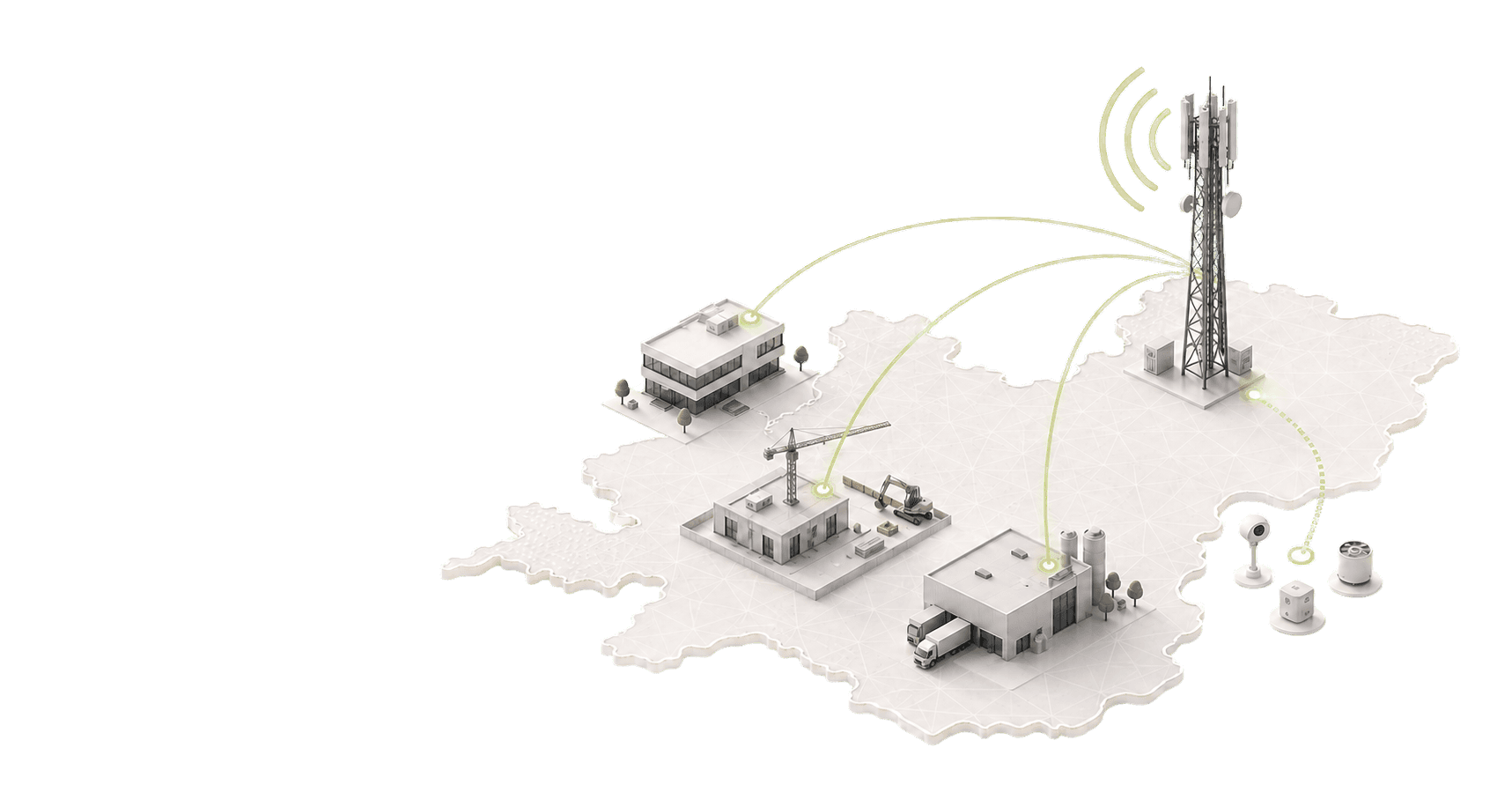 5G-Netzwerk — Mobilfunkturm vernetzt Gebäude, Baustellen und IoT-Geräte