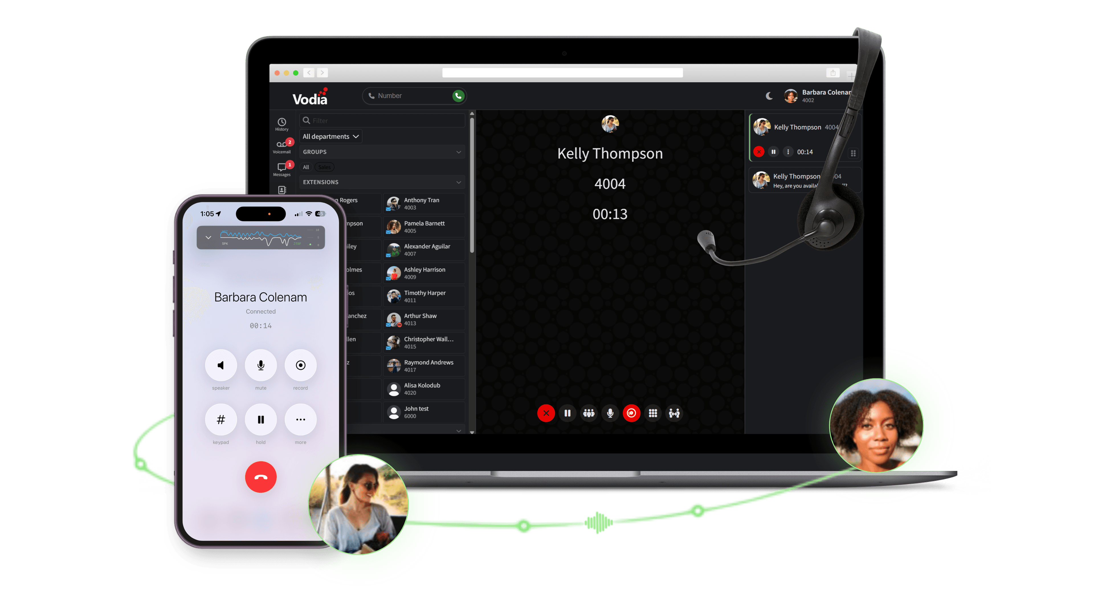Vodia PBX — Softphone und Anrufverwaltung auf Laptop und Smartphone